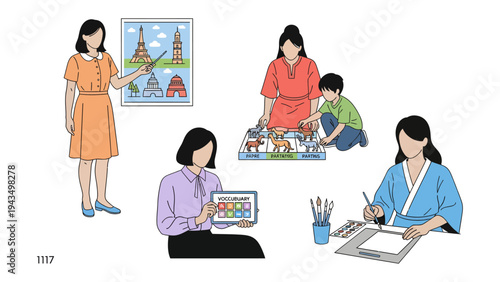 Artistic Endeavors and Creative Spaces: Scenes of people engaged in drawing, painting, and education with a range of art supplies.