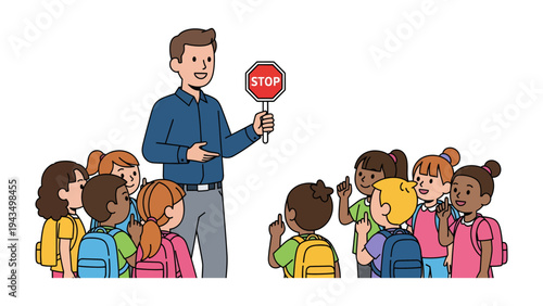 School Safety: A caring figure, holding a STOP sign, guides a group of attentive children in a display of road safety. It's a snapshot of care and guidance, a vital lesson learned.