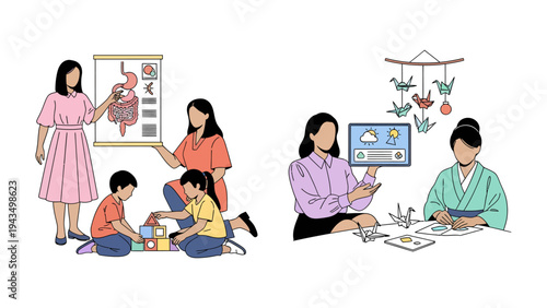 Daily Learning and Engagement: A series of illustrations capturing diverse educational moments, from anatomy lessons to origami crafts.