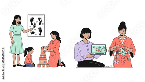 Nurturing Minds and Creativity: A series of scenes depicting women engaging young children in educational and creative activities, fostering their growth and development.