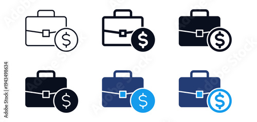 Business briefcase finance icon set representing investment, finance, job salary, professional work, financial services and corporate management.