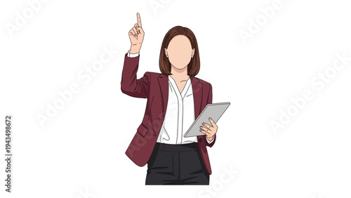 Businesswoman: An attractive businesswoman points upward, while holding a tablet computer. capturing the dynamic pose and confident demeanor. 