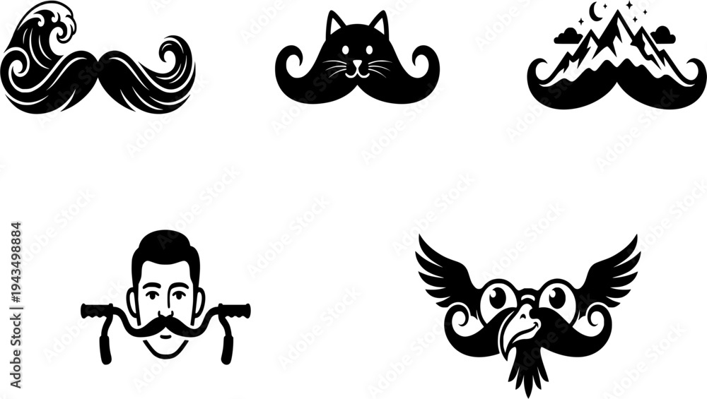 Obraz premium A collection of five unique and humorous vector mustache designs. The set includes a mountain-shaped mustache, a cat-shaped mustache, an ocean wave mustache, a bicycle handlebar style,