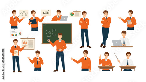 Animated Business Presentations: A collection of illustrations showcasing a confident businessperson delivering presentations with charts, diagrams, and engaging gestures.