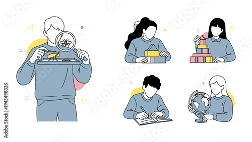 Education and Exploration: Illustrated scene depicting people engaging in various learning activities, each absorbed in their own pursuit of knowledge. 