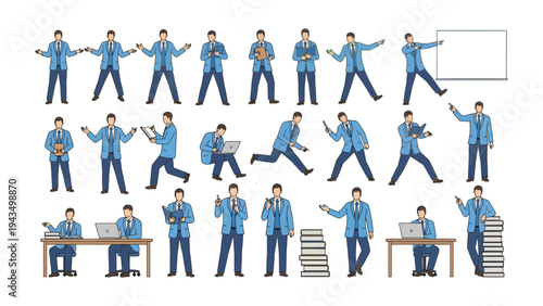 Versatile Male Professional in Action: A collection of illustrations showcasing a versatile male professional in various dynamic poses and settings. He is seen with whiteboard, stacks of paper.