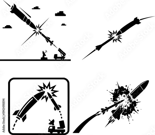 A set of four black and white vector illustrations depicting missiles and interceptor missiles colliding in mid-air.