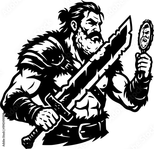 Humorous black and white vector illustration of a barbarian man shaving his foamy beard using a sword and a handheld mirror. Creative and ironic character design isolated on white background.