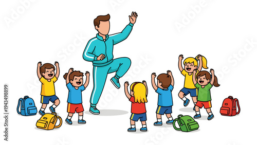 Instructor Leading Exercise Class: A group of children enthusiastically follow their instructor's energetic movements in a vibrant classroom setting.