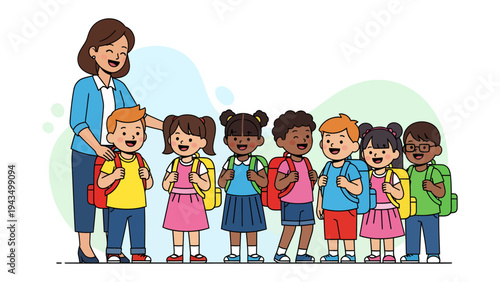 Harmony in the Classroom: A kind teacher guides a diverse group of young students as they stand side-by-side, each radiant with anticipation for a day filled with learning and friendship.
