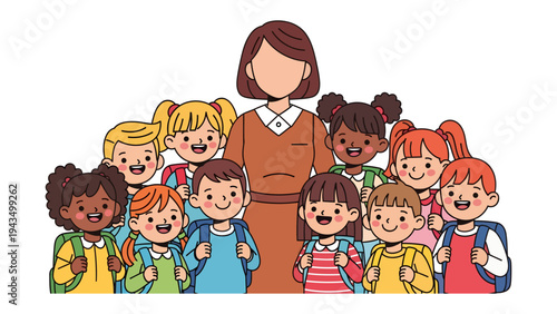 Teacher with Students: An illustration of a dedicated teacher surrounded by her adoring students, highlighting the importance of education and the nurturing environment it provides.