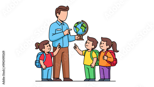 A World of Discovery: A dedicated teacher leads a group of children through an engaging geography lesson, using a globe to illustrate the wonders of the world.
