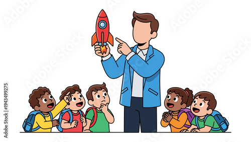 Igniting Young Minds: An educator sparks curiosity in a group of diverse children by showcasing a model rocket, fostering a shared sense of wonder and excitement about exploration and learning.