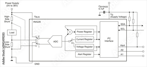 Schematic diagram of digital electronic device on 
white paper sheet. Vector block scheme drawing of electrical circuit with 
power current voltage register,
capacitor, shunt, other components.