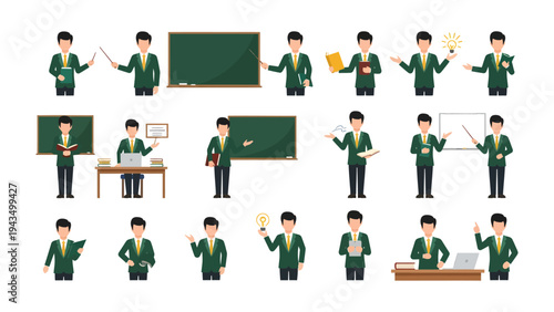 Teacher's Lesson Set: Illustrative set of diverse educational poses, capturing the essence of a teacher's interactions and presentations within a classroom setting.