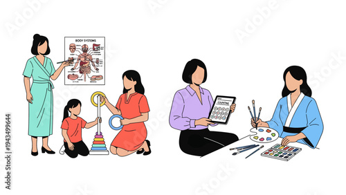 Creative Mother: Depiction of a mother's multifaceted role, navigating her diverse responsibilities through work and leisure.