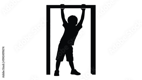 A person hanging from a pull up bar