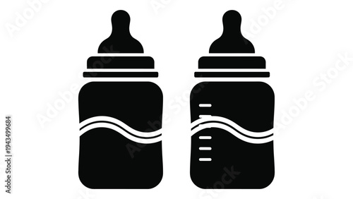 A pair of black baby bottles with white details