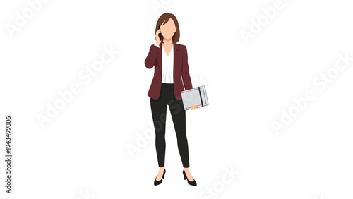 Businesswoman on the Phone: A poised businesswoman stands tall, engaged in a phone conversation, while holding a file, embodying professionalism and efficiency.