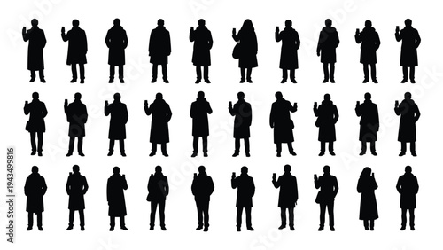 Set of black silhouettes of people in various poses