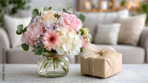 A beautiful flower arrangement in a vase next to a wrapped gift sitting on a table in a bright and cozy home interior setting.