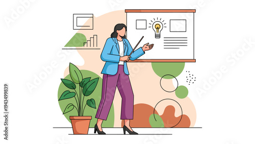 The Insightful Guide: A poised educator, with a pointer in hand, shares an illuminating presentation, the light bulb of an idea is at the core.