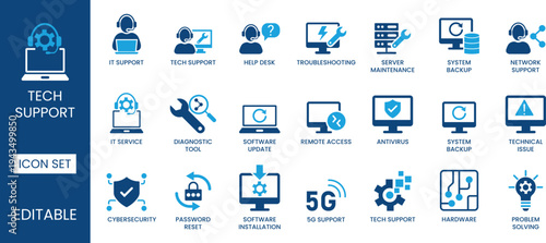 Tech support icon set with computer and network services IT support