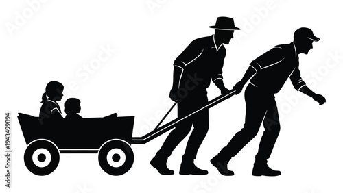 Men pulling a wagon with children