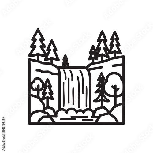 A serene waterfall cascades through a forest landscape with trees and rocks.