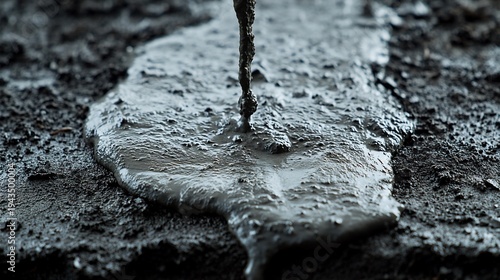 Close-up view of wet concrete being poured onto a rough surface, construction site background