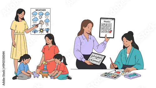 Preschool Education: Teachers interact with children to develop their talents and make them feel good and creative.