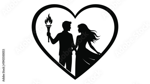 A couple in love silhouette holding a torch