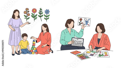 Nurturing Minds and Growth: A heartwarming scene showcases a teacher guiding the children to create flowers while another assisting the kid building their blocks . The visual celebrates education.