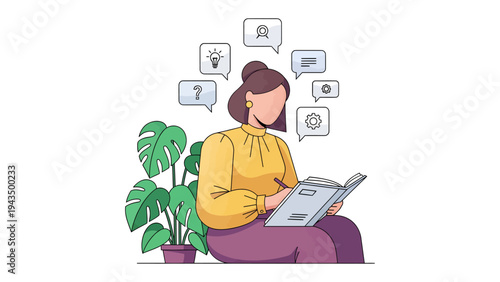Thoughtful Notebook: An individual sits, engrossed in a notebook, surrounded by thought bubbles, symbolizing creativity, planning, and self-reflection.