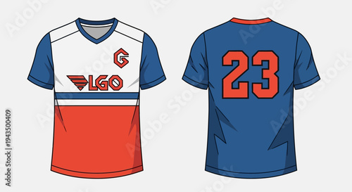 Front and back view of a custom sports jersey design with logos and numbers.
