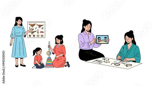 Teacher guiding student: A dedicated educator is shown engaging with children, fostering learning. The image shows the important role of a teacher in creating and helping build students minds.