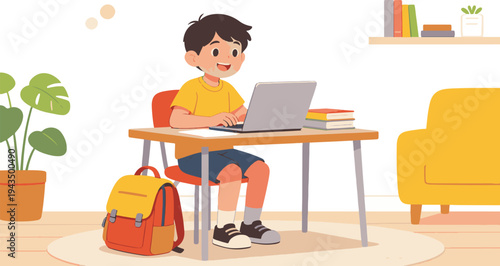 Little Boy Using Laptop for Online Schooling at Desk