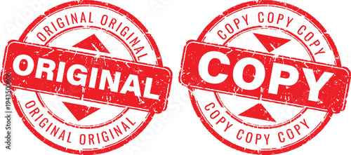 Set of red circular grunge rubber stamps with original and copy text for document authenticity verification