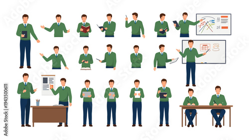 Businessman Poses Collection: a set of diverse illustration capturing various poses and activities of a businessman in different work scenarios. 