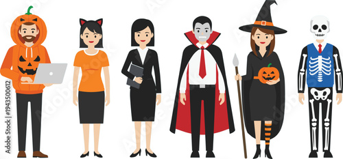 Halloween Costume Characters Set Featuring Pumpkin Hoodie, Cat Woman, Businesswoman, Vampire, Witch, and Skeleton for Holiday Party, Trick or Treat, and Festive Vector Illustration