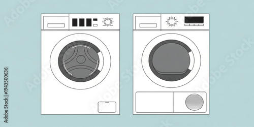 Front Load Washing Machine and Clothes Dryer Set Vector Illustration, Modern Laundry Appliances with Digital Control Panel for Household Cleaning Equipment Concept