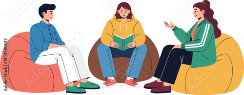 Group Therapy Session with Psychologist and Clients Sitting on Bean Bags Discussing Mental Health, Counseling Support, Communication, and Emotional Wellness Vector Illustration