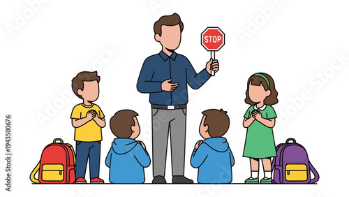 School Safety Guidance: A teacher stands before a group of young students, holding a stop sign to demonstrate essential road safety practices and provide traffic instruction.