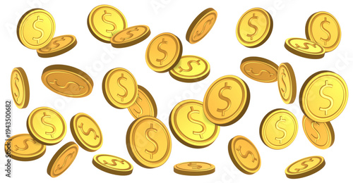 Gold Dollar coins falling isolated on transparent background. Rewards, business, lottery, casino money concept. 3D rendered vector PNG