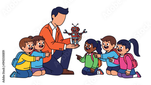 Teacher and Students with Robot: A teacher excitedly presents a robot to a group of elementary students, sparking their curiosity. capturing a sense of discovery and learning.