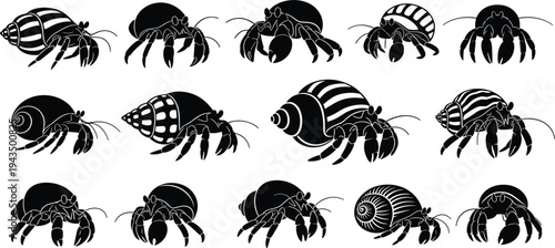 Hermit Crab Silhouette Collection with Sea Shell Variations Marine Wildlife Black Vector Set for Ocean Life Illustration and Coastal Design