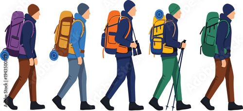 Hikers with Backpacks Walking Illustration Set Featuring Trekking Travelers with Camping Gear and Hiking Poles Isolated Vector Collection for Adventure, Travel, and Outdoor Activities