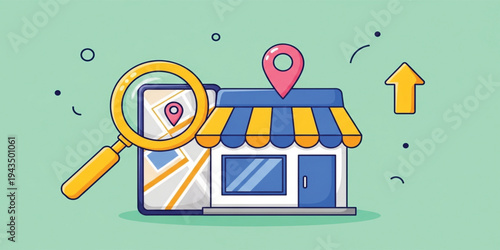Local Business Search and Store Location Concept with Map Pin, Smartphone Navigation and Shop Building for Marketing, Retail and Mobile App Design