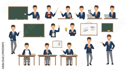 Teacher's Toolkit: A collection of illustrations depicting a diverse teacher, utilizing tools like blackboards, books, and computers in a variety of poses.