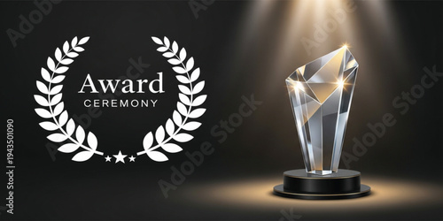 Luxury Award Ceremony Background with Crystal Trophy Spotlight and Laurel Wreath Symbol Elegant Recognition Event Banner for Winners Achievement and Business Success